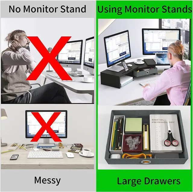 Alt view image 6 of 6 - WESTREE Dual Monitor Stand Riser with Drawer, Adjustable Length and Angle Monitor 2 Solts for Phone & Tablet, Desktop Organizer Stand for Computer/Laptop/PC/Printer