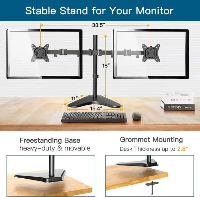 Alt view image 2 of 6 - HUANUO Dual Monitor Stand,Dual Monitor Arm for Two 13 to 32 Inch LCD Screens, Height Adjustable Double Arm Monitor Mount Desk Stand with Clamp, Grommet Mounting Base, Each Arm Hold up to 17.6lbs