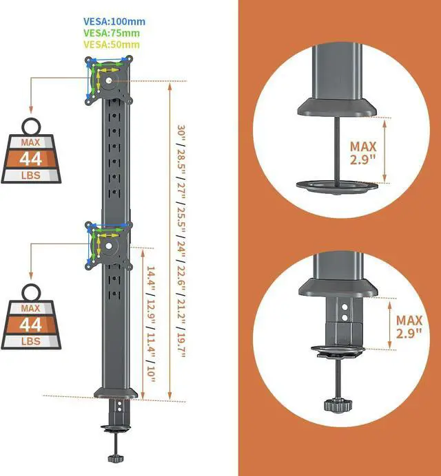 Alt view image 6 of 7 - HEMUDU Dual Monitor Articulating Desk Mount Arm Stand - Vertical Stack Screen Supports Two 13 to 34 Inch Computer Monitors with C Clamp