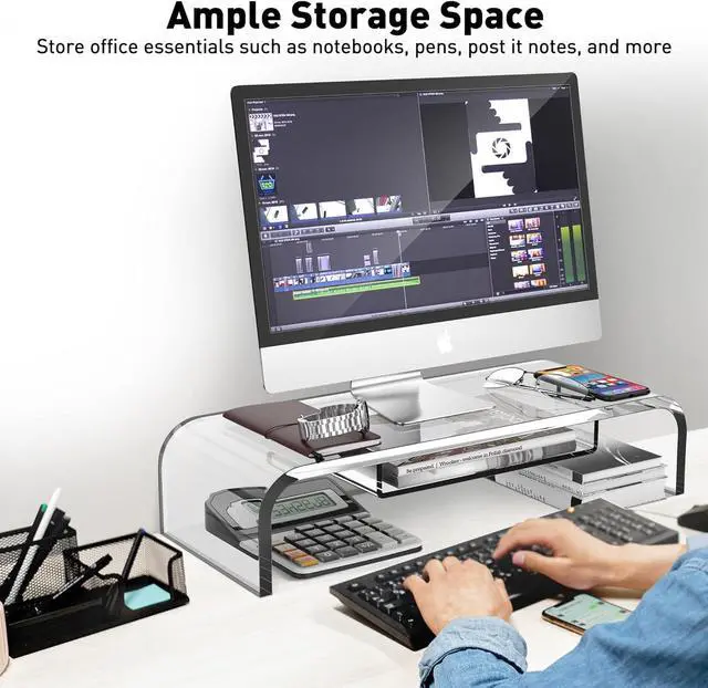 Alt view image 2 of 7 - Computer Acrylic Monitor Stand Riser with Storage - Larger Size Single Clear PC Desktop Monitor Holder for Desk, Keyboard Storage, Laptop, TV Screen, Home, Office, Gift Ideas