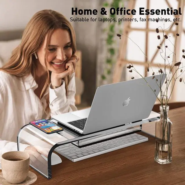 Alt view image 5 of 7 - Computer Acrylic Monitor Stand Riser with Storage - Larger Size Single Clear PC Desktop Monitor Holder for Desk, Keyboard Storage, Laptop, TV Screen, Home, Office, Gift Ideas