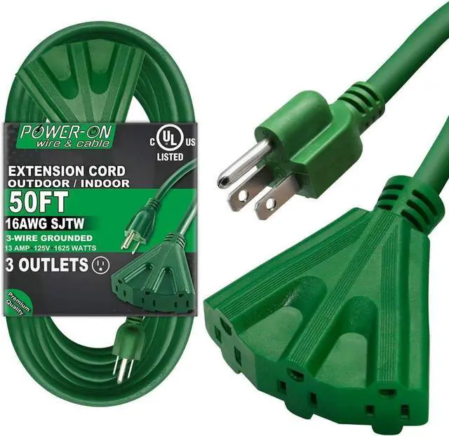 Main image of K KASONIC - 50 Ft Extension Cord with 3 Outlets, UL Listed 16/3 SJTW 3-Wire Grounded, 13A 125V 1625W for Indoor/Outdoor Use - Green