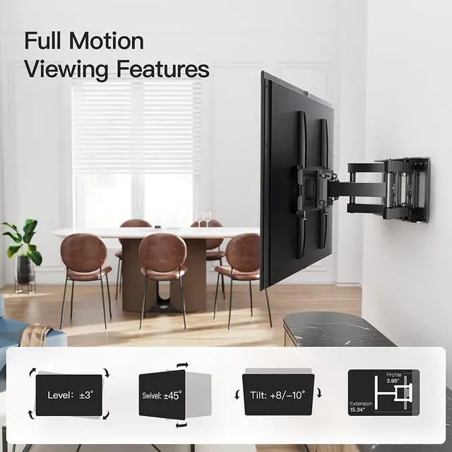 Alt view image 2 of 7 - Pipishell TV Wall Mount for 26-65 inch TVs, Full Motion TV Mount Bracket with Articulating Swivel Extension Tilting Leveling Max VESA 400x400mm Holds up to 99lbs for LED LCD OLED 4K Flat Curved Screen