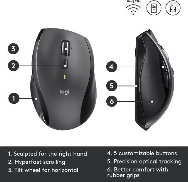 Alt view image 6 of 7 - Logi tech M705 Marathon Wireless Mouse, 2.4 GHz USB Unifying Receiver, 1000 DPI, 5-Programmable Buttons, 3-Year Battery, Compatible with PC, Mac, Laptop, Chromebook - Black