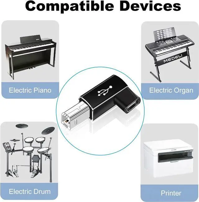 Alt view image 2 of 4 - 2 Pack USB B to USB C Adapter 90 Degree Right Angle Type C Female to MIDI Converter Compatible with Printer Electric Piano Laptops and More Type-C Devices