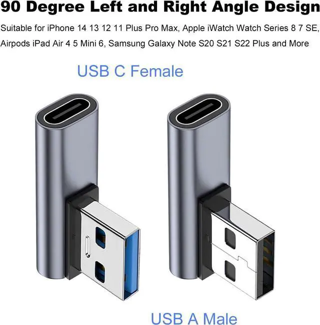 Alt view image 2 of 6 - 90 Degree USB C Female to USB Male Adapter 2 Pack Left and Right Angle Type C to USB A Charger Converter for iPhone Apple iWatch Watch Airpods iPad Air Mini and More