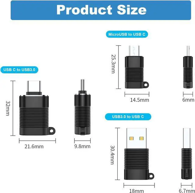 Alt view image 6 of 6 - USB C Adapter (6 Pack) Micro USB Male to USB C Female USB 3.0 Male to USB C Female USB Type-C Male to USB 3.0 Female Converter Connector (Black)