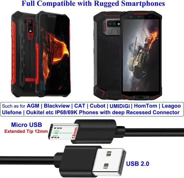 Alt view image 7 of 7 - U 2-Pack 3FT 12mm Extra Long Tip Micro USB Cable Extended Connector for AGM/Blackview/Oukitel/Doogee/Leagoo/Zoji/Guophone V19 X3 Rugged Phones or Case with Deep Recessed Ports