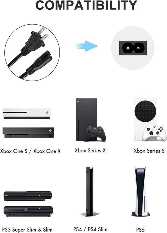 Alt view image 2 of 6 - AC Power Cord for Xbox One S/X Xbox Series X / S Sony PS4 / PS4 Slim / PS5 / PS3 Slim / PS3 Super Slim PlayStation 4 Slim PlayStation 5 PlayStation 3 Slim Power Supply Cable Replacement
