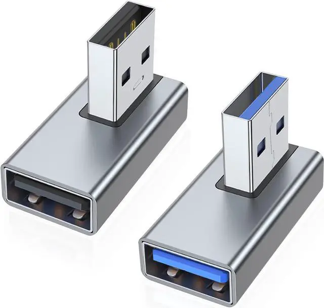 Main image of 90 Degree USB 3.0 Adapter 2 Pack Left and Right Angle USB A Male to Female Converter Extender for PC Laptop USB A Charger Power Bank and More (Grey)