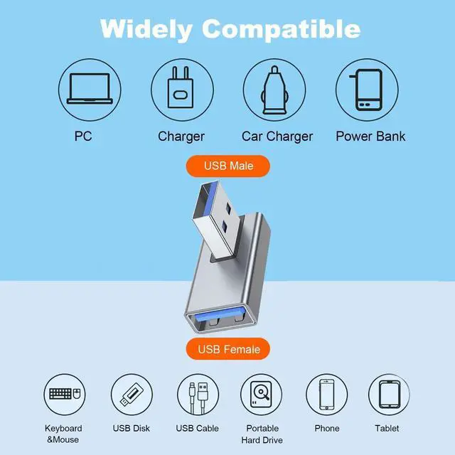 Alt view image 5 of 6 - 90 Degree USB 3.0 Adapter 2 Pack Left and Right Angle USB A Male to Female Converter Extender for PC Laptop USB A Charger Power Bank and More (Grey)