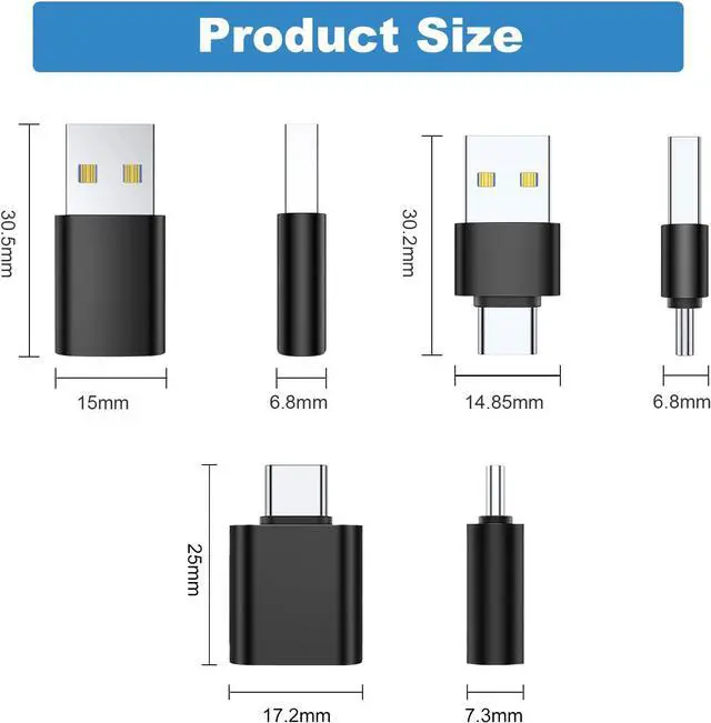 Alt view image 5 of 5 - A USB C Adapter (6 Pack), USB A Male to USB C Male, USB 3.0 Male to USB C Female, USB Type-C Male to USB 3.0 Female Converter Connector (Black)