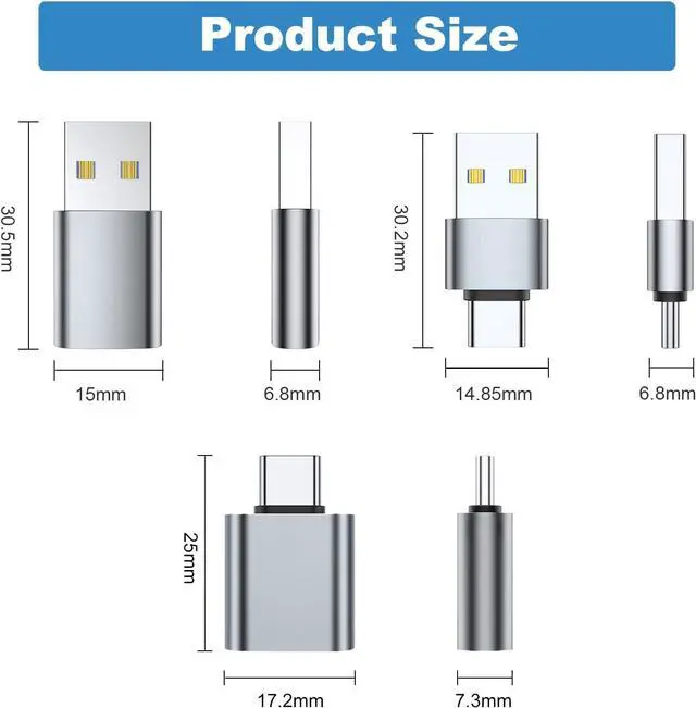 Alt view image 6 of 6 - A USB C Adapter (6 Pack), USB A Male to USB C Male, USB 3.0 Male to USB C Female, USB Type-C Male to USB 3.0 Female Converter Connector (Grey)