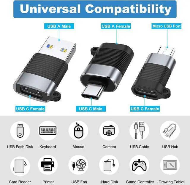 Alt view image 2 of 6 - USB C Adapter (6 Pack) Micro USB Male to USB C Female USB 3.0 Male to USB C Female USB Type-C Male to USB 3.0 Female Converter Connector