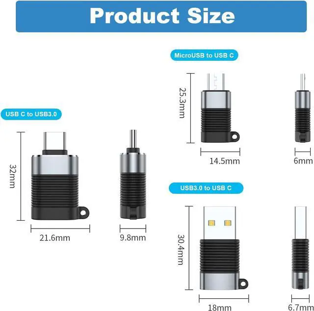 Alt view image 6 of 6 - USB C Adapter (6 Pack) Micro USB Male to USB C Female USB 3.0 Male to USB C Female USB Type-C Male to USB 3.0 Female Converter Connector