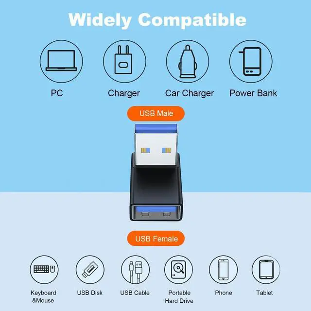 Alt view image 5 of 7 - 90 Degree USB 3.0 Adapter 2 Pack Upward Angle USB A Male to Female Converter Extender for PC Laptop USB A Charger Power Bank and More (Black)