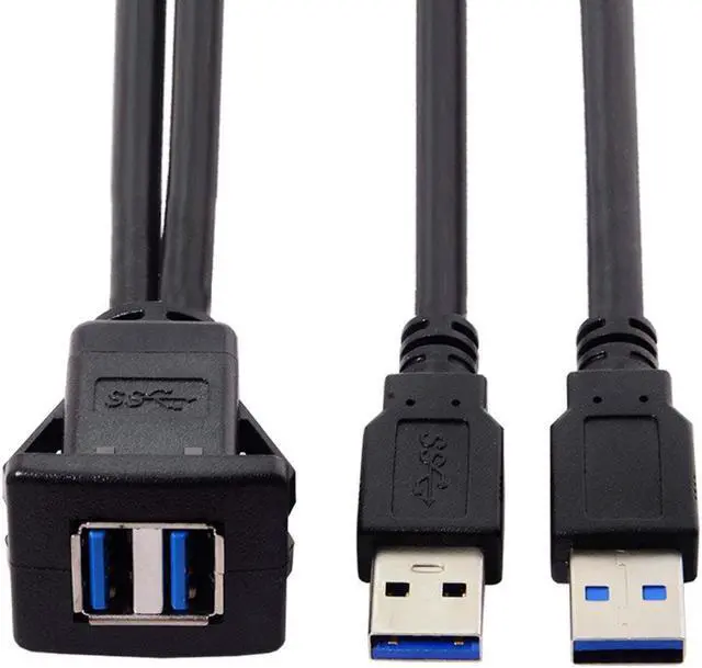 Alt view image 7 of 7 - USB 3.0 Dual Port Flush Mount 2 Male to 2 Female Extension Cable for Car Dashboard Panel Mount