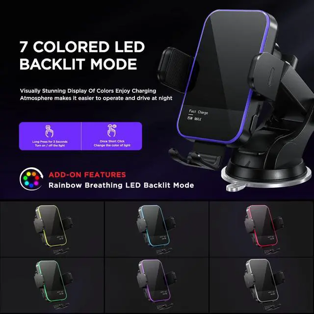 Alt view image 2 of 7 - Wireless Car Charger,7 Colored RGB BacklitMosurr 15W Auto Clamping Car Charger Phone Mount Holder fit for iPhone 15 14 13 12 Mini Pro Max 11 XR XS, Samsung Galaxy S24 Ultra S23 S22 S21+ Note 20, etc