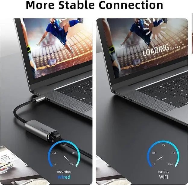 Alt view image 2 of 7 - USB-C to Ethernet Adapter, WALNEW USBC to RJ45 Lan Adapter, Gigabit Cat Network Cable Converter to Type C Thunderbolt 3 for Mac,MacBook Pro/Air,iPad 10th,Dell XPS,Chromebook,Surface,Samsung Galaxy Tab