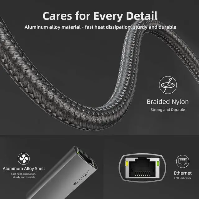 Alt view image 5 of 7 - USB-C to Ethernet Adapter, WALNEW USBC to RJ45 Lan Adapter, Gigabit Cat Network Cable Converter to Type C Thunderbolt 3 for Mac,MacBook Pro/Air,iPad 10th,Dell XPS,Chromebook,Surface,Samsung Galaxy Tab