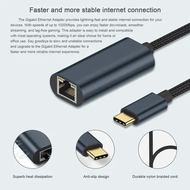 Alt view image 5 of 6 - USB C to Ethernet Adapter for Laptop PC Gigabit Ethernet LAN Network Adapter Compatible with Nintendo Switch MacBook Windows macOS Linux, and More[Grey Green]