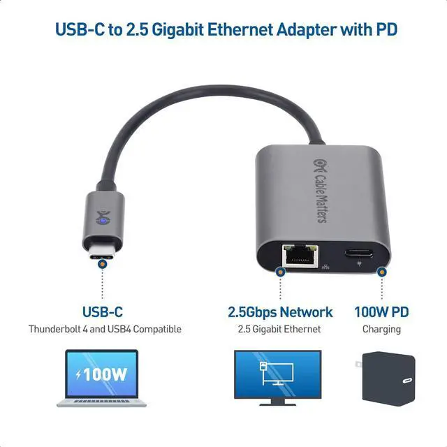 Alt view image 2 of 7 - Cable Matters USB C to 2.5 Gigabit Ethernet Adapter with Charging 100W, 2.5g Ethernet to USB-C Adapter (2.5gbps Ethernet Port) - Compatible with MacBook Pro, iPad Pro, XPS, Microsoft Surface Pro