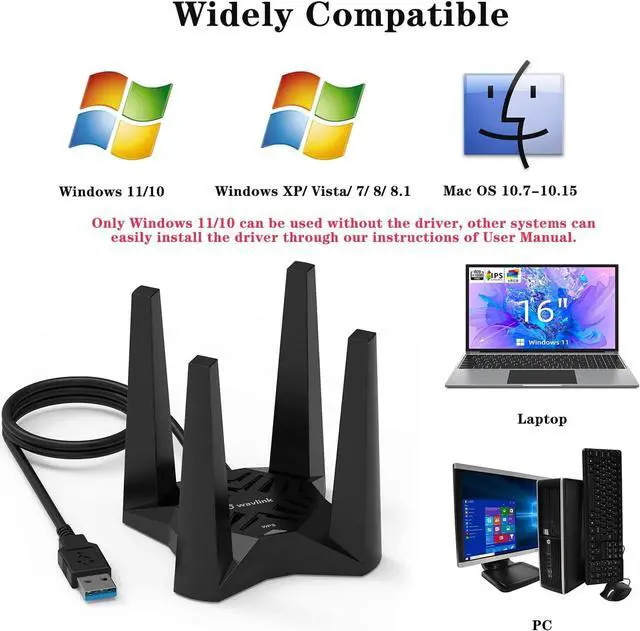 Alt view image 3 of 7 - USB WiFi Adapter for Desktop PC, AC1900 WiFi Adapter Dual Band Wireless Network Adapter with 2.4GHz/5GHz High Gain Antennas, MU-MIMO, Supports Windows 11/10/8.1/8/7, XP, Mac OS 10.7-10.15
