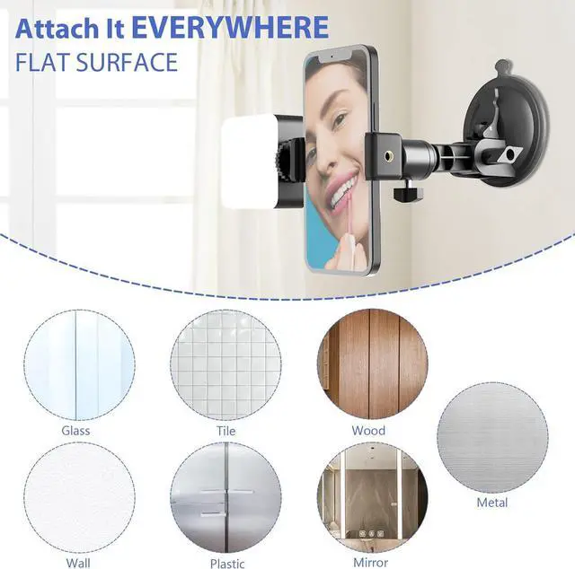 Alt view image 2 of 7 - Suction Cup Mirror Phone Holder with Light, Travel Wall Phone Camera Mount for Makeup Content Creator Essentials, Mirror Tripod for Bathroom Kitchen Compatile with All Smooth Surface