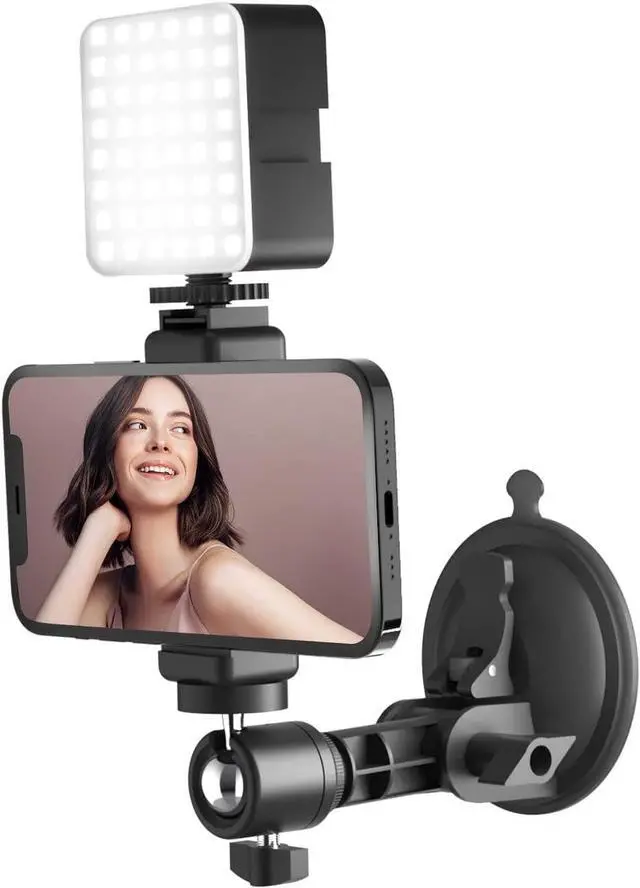 Main image of Suction Cup Mirror Phone Holder with Light, Travel Wall Phone Camera Mount for Makeup Content Creator Essentials, Mirror Tripod for Bathroom Kitchen Compatile with All Smooth Surface