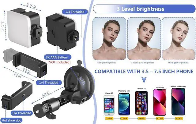 Alt view image 5 of 7 - Suction Cup Mirror Phone Holder with Light, Travel Wall Phone Camera Mount for Makeup Content Creator Essentials, Mirror Tripod for Bathroom Kitchen Compatile with All Smooth Surface