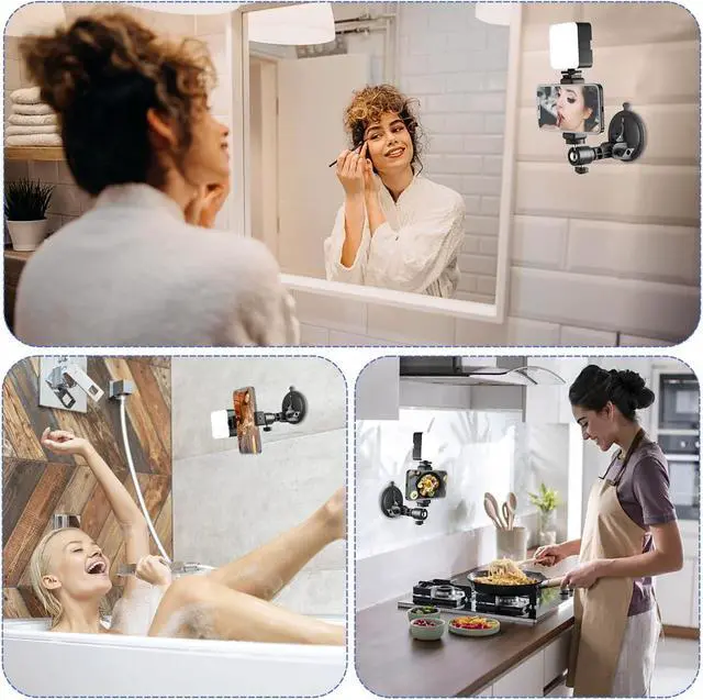 Alt view image 7 of 7 - Suction Cup Mirror Phone Holder with Light, Travel Wall Phone Camera Mount for Makeup Content Creator Essentials, Mirror Tripod for Bathroom Kitchen Compatile with All Smooth Surface