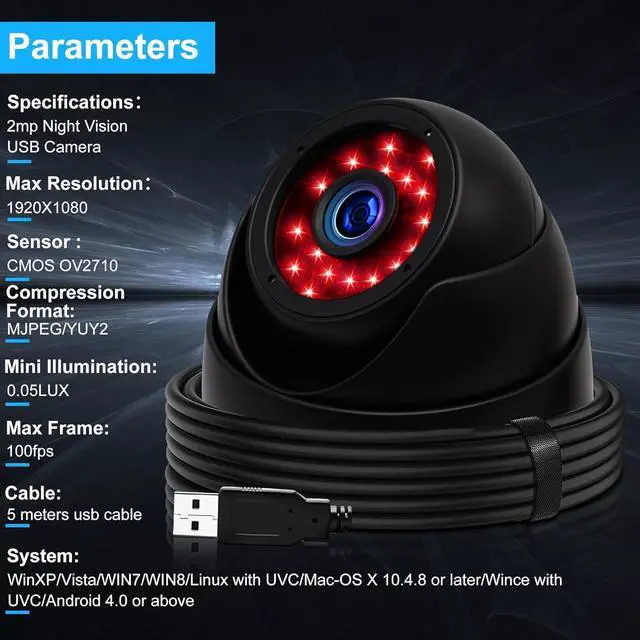 Alt view image 6 of 7 - Gadpiparty ELP 3.6mm 1080P Dome Camera with IR LED Night Vision HD Webcam Infrared PC Camera with Metal Case Waterproof Outdoor USB Security Camera CCTV Home Surveillance System 30/60/120fps Auto IR