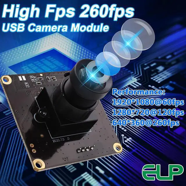 Alt view image 4 of 7 - ELP High Speed USB Camera 1080P Embedded Webcam Board with 100degree No Distortion Lens for Computer High fps 60fps 120fps 260fps Wide Angle UVC USB2.0 Camera Module for Laptop 3D Printer Raspberry Pi