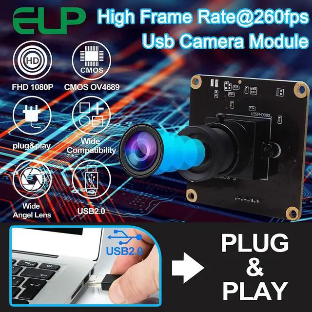 Alt view image 5 of 7 - ELP High Speed USB Camera 1080P Embedded Webcam Board with 100degree No Distortion Lens for Computer High fps 60fps 120fps 260fps Wide Angle UVC USB2.0 Camera Module for Laptop 3D Printer Raspberry Pi