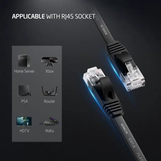 Alt view image 5 of 7 - Cat6 Ethernet Cable 50 ft Black Gigabit Flat Network LAN Cable with 25 pcs Cable Clips Snagless Rj45 Connectors for Computer/Modem/Router/X-Box Faster Than Cat5e/Cat5 - X