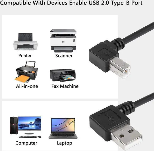 Alt view image 3 of 6 - 90 Degree USB A to B Cable, 1ft Left Angle USB 2.0 Type A Male to Up Angle USB 2.0 Type B Male Scanner Cable