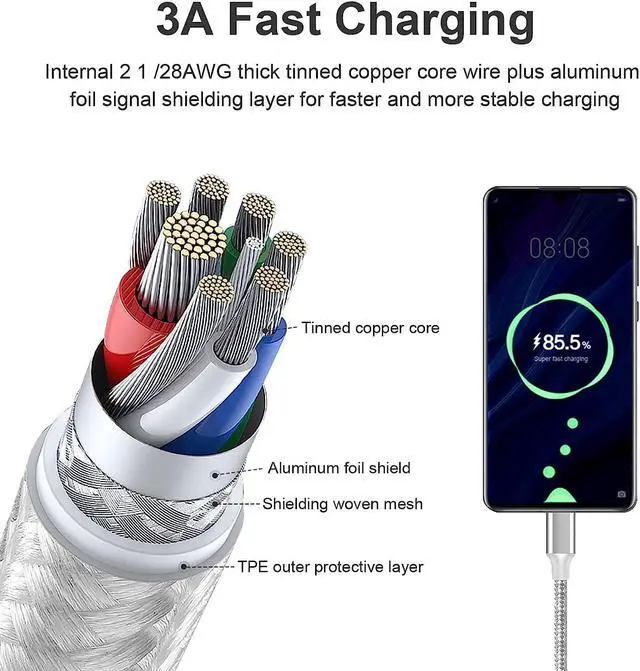Alt view image 3 of 7 - USB C Cable, 5Pack3/3/6/6/10FT Nylon Braided 3A Fast Charging Cord for Samsung Galaxy Samsung Galaxy S22 S21 S20 A20 A50 S10 LG Xiaomi Motorola.