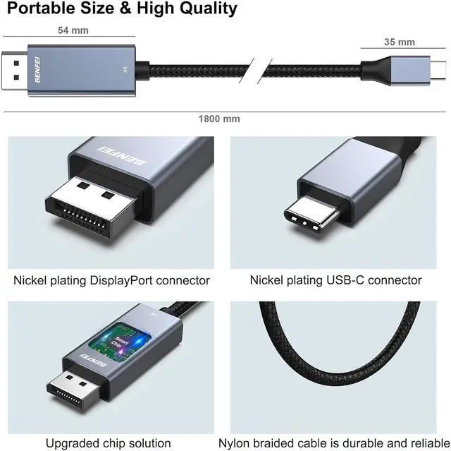 Alt view image 7 of 7 - USB-C to DisplayPort 6 Feet Cable(4K@60Hz 2K@144Hz) USB Type-C to DisplayPort Cable [Thunderbolt 3/4 Compatible] with iPhone 15 Pro/Max MacBook Pro/Air 2023 iPad Pro iMac S23 XPS 17