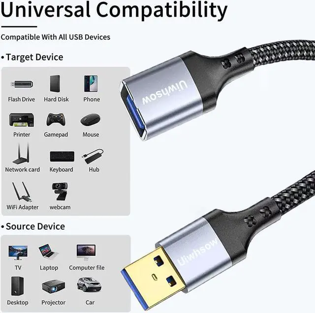 Alt view image 7 of 7 - USB Extension Cable, (2Pack 3.3/10ft) Braided USB 3.0 A Male to Female 5Gbps High Data Transfer USB Extender Cord Compatible for Printer, Scanner, Keyboard, Oculus Rift,Hard Drive,Card Reader,Camera