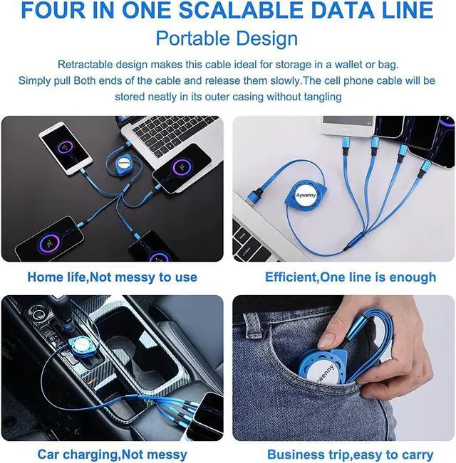 Alt view image 2 of 7 - Multi Charging Cable 4A 2Pack 3.3Ft Retractable Fast Charger Cable 4 in 1 Multi Charging Cord USB Cable with Phone/Type C/Micro USB Ports for Cell Phones/Tablets/ Galaxy/PS & More