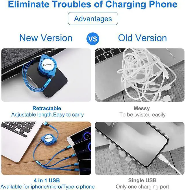 Alt view image 3 of 7 - Multi Charging Cable 4A 2Pack 3.3Ft Retractable Fast Charger Cable 4 in 1 Multi Charging Cord USB Cable with Phone/Type C/Micro USB Ports for Cell Phones/Tablets/ Galaxy/PS & More