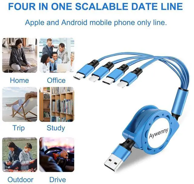 Alt view image 4 of 7 - Multi Charging Cable 4A 2Pack 3.3Ft Retractable Fast Charger Cable 4 in 1 Multi Charging Cord USB Cable with Phone/Type C/Micro USB Ports for Cell Phones/Tablets/ Galaxy/PS & More
