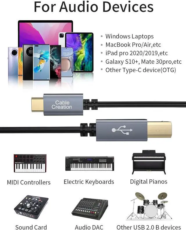 Alt view image 6 of 7 - Printer Cable USB C to B 15FT, CableCreation USB B to C Printer Cable Scanner Cable for HP Brother MIDI Cable for Yamaha Casio Digital Piano MIDI Controller Electric Keyboard 4.5M Black