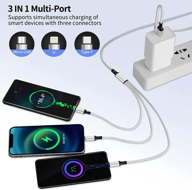 Alt view image 2 of 7 - Multi Charging Cable, Multi 3 in 1 iPhone Charging Cable, Lightning/Type-C/Micro USB Universal Port Adapter,1.8M/6FT Long Nylon Braided Phone Charger Cable Adapter for Android/iPhone 15/Samsung-2Pack