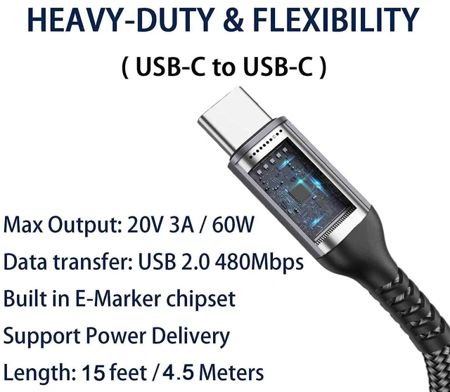 Alt view image 6 of 7 - USB-C to USB-C Cable (15FT 2PACK 60W) Long Cable,Fast Charging Cord for iPhone 15 Pro,Samsung Galaxy S23/S22/Z Fold 3,Note 20 Ultra/10 Lite,Google Pixel 6 Pro,OnePlus 9 Pro,Sony Xperia 5,Dual Type-C
