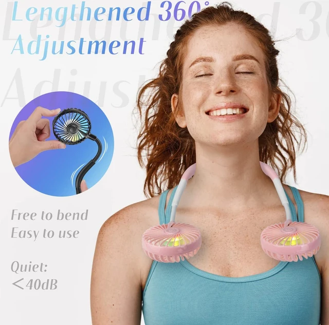 Alt view image 2 of 5 - VAGAU Portable Cooling Neck Fan, Rechargeable USB Personal Neck Fan with Colorful LED lights, 360° Rotation, Wearable Neck Fan Air Conditioner for Office Travel Sport, 3 Adjustable Speeds (Pink)