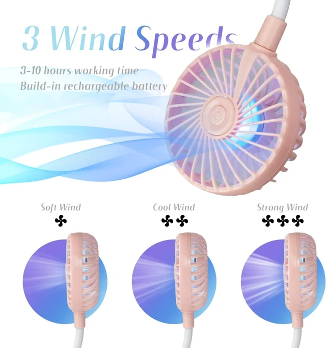 Alt view image 4 of 5 - VAGAU Portable Cooling Neck Fan, Rechargeable USB Personal Neck Fan with Colorful LED lights, 360° Rotation, Wearable Neck Fan Air Conditioner for Office Travel Sport, 3 Adjustable Speeds (Pink)