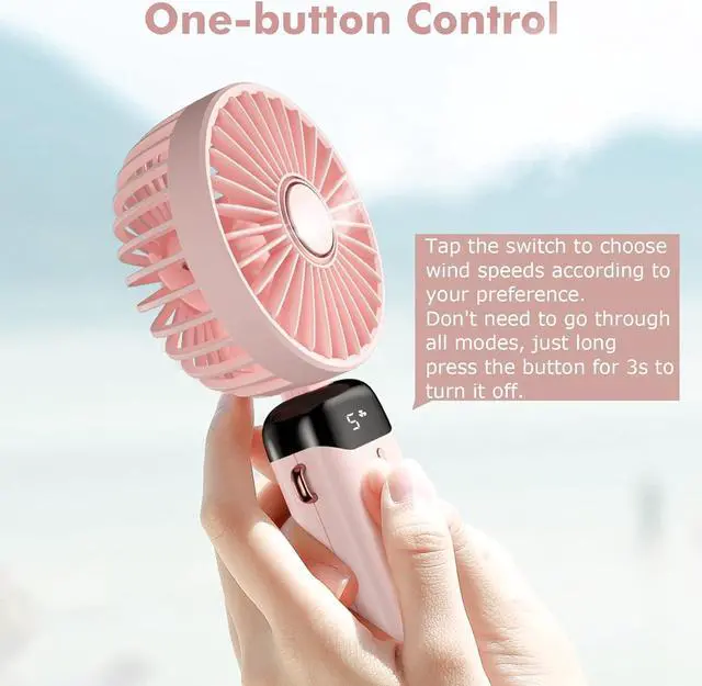 Alt view image 4 of 7 - Rafada Handheld Fan, Mini Portable Fan USB Rechargeable, Small Pocket Fan 5 Speeds with Lanyard and Base, Built-in 4200mAh Battery USB Desk Fan Foldable for Office, Outdoor, Home, School (Pink)