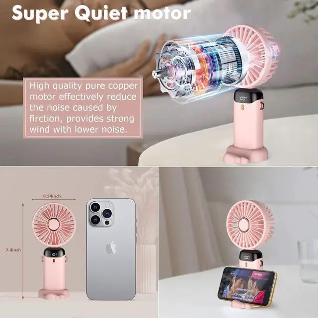 Alt view image 5 of 7 - Rafada Handheld Fan, Mini Portable Fan USB Rechargeable, Small Pocket Fan 5 Speeds with Lanyard and Base, Built-in 4200mAh Battery USB Desk Fan Foldable for Office, Outdoor, Home, School (Pink)