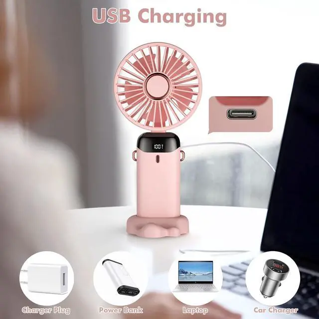 Alt view image 6 of 7 - Rafada Handheld Fan, Mini Portable Fan USB Rechargeable, Small Pocket Fan 5 Speeds with Lanyard and Base, Built-in 4200mAh Battery USB Desk Fan Foldable for Office, Outdoor, Home, School (Pink)